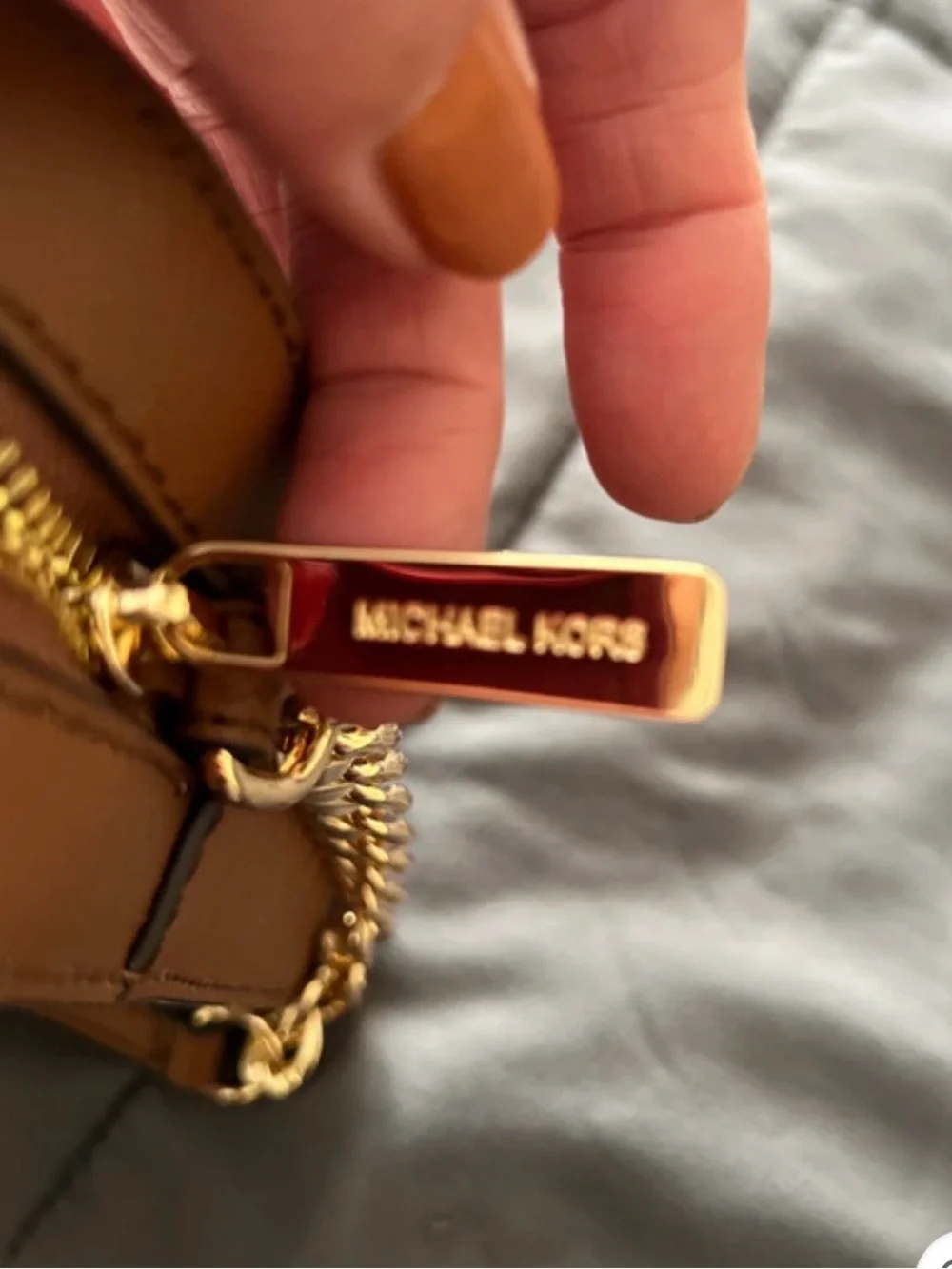 Michael Kors women Beige MK Logo Messenger Bag with Tan Trim